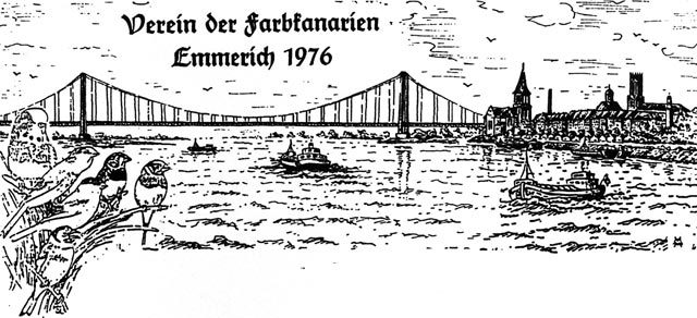 Das Logo zeigt die Stadtansicht Emmerich am Rhein und einige Vögel im Vordergrund