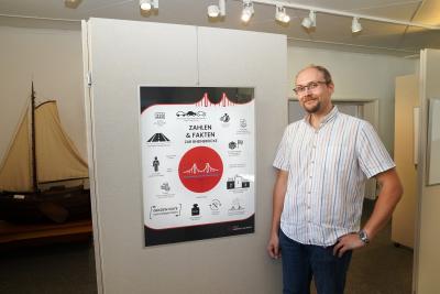 Stadtarchivar Mike Mura präsentiert das Plakat zur Ausstellung