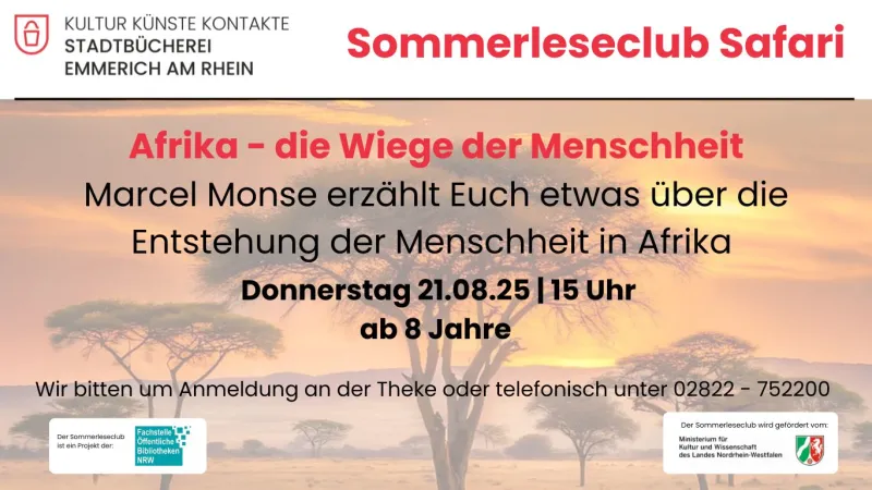 Infoplakat zum Sommerleseclub "Afrika - Die Wiege der Menschheit" mit der Stadtbücherei Emmerich 