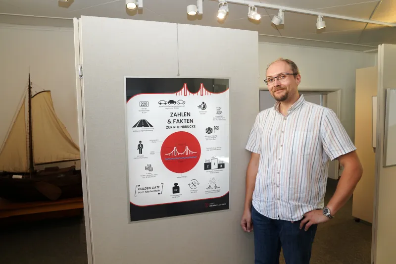 Stadtarchivar Mike Mura präsentiert das Plakat zur Ausstellung